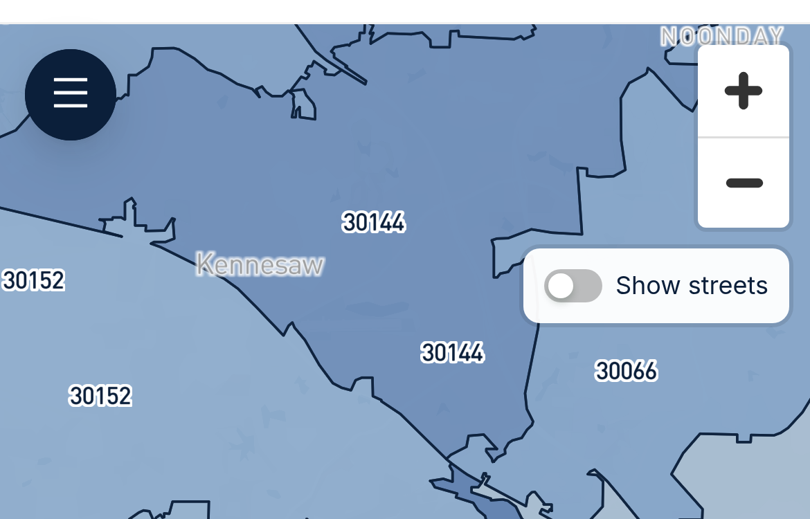 The market map zoomed in around a home's pin, with the ZIP codes printed on the map, each area coloured by median home value.