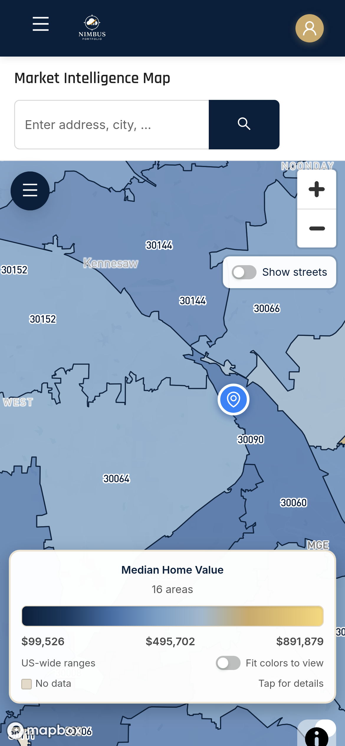 The market map zoomed in around a home's pin, with the ZIP codes printed on the map, each area colored by median home value.