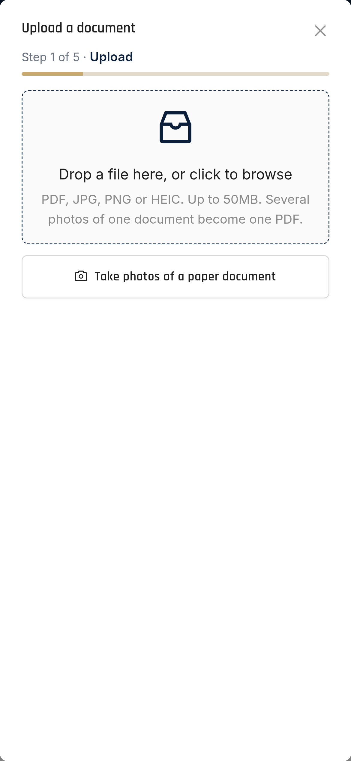 The Upload a document panel, offering to take photos of a paper document and noting that several photos of one document become one PDF.