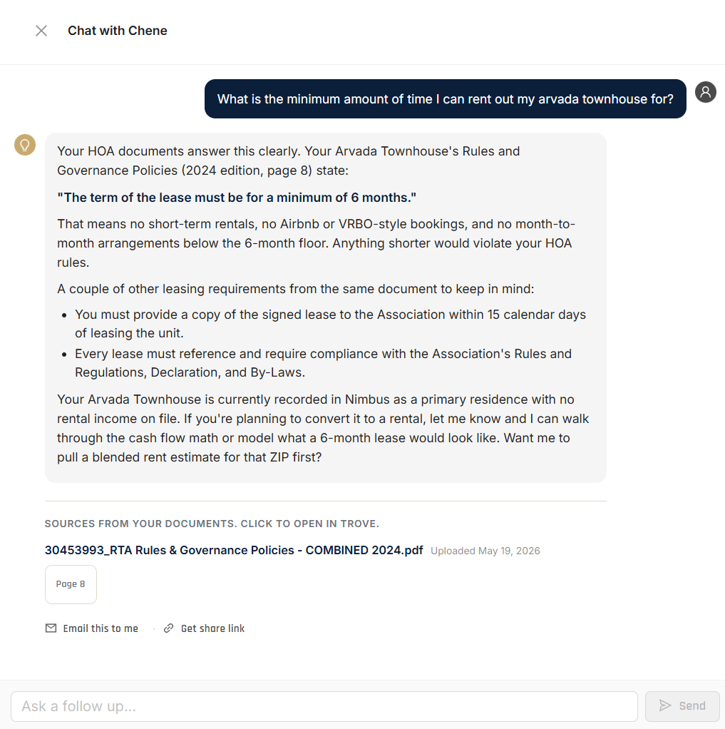 Chene answering a question about minimum rental terms by quoting the HOA rules document and citing page 8 with a clickable source chip.