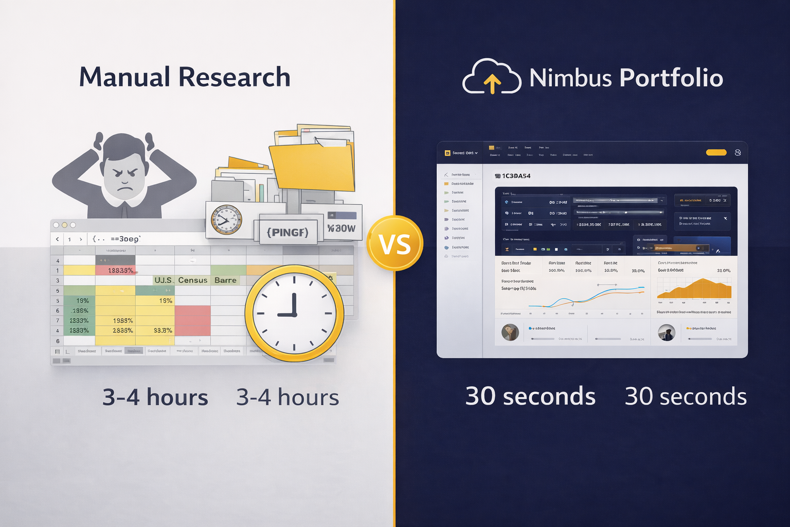 Split comparison showing manual research taking 3-4 hours with stressed person and spreadsheets versus Nimbus Portfolio taking 30 seconds with clean dashboard interface