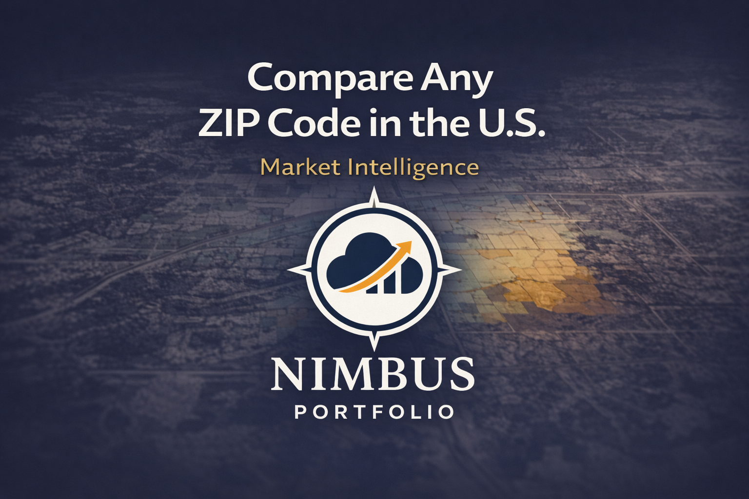 Nimbus Portfolio Market Intelligence Map with call-to-action overlay text: Compare Any ZIP Code in the U.S., Market Intelligence, with Nimbus logo