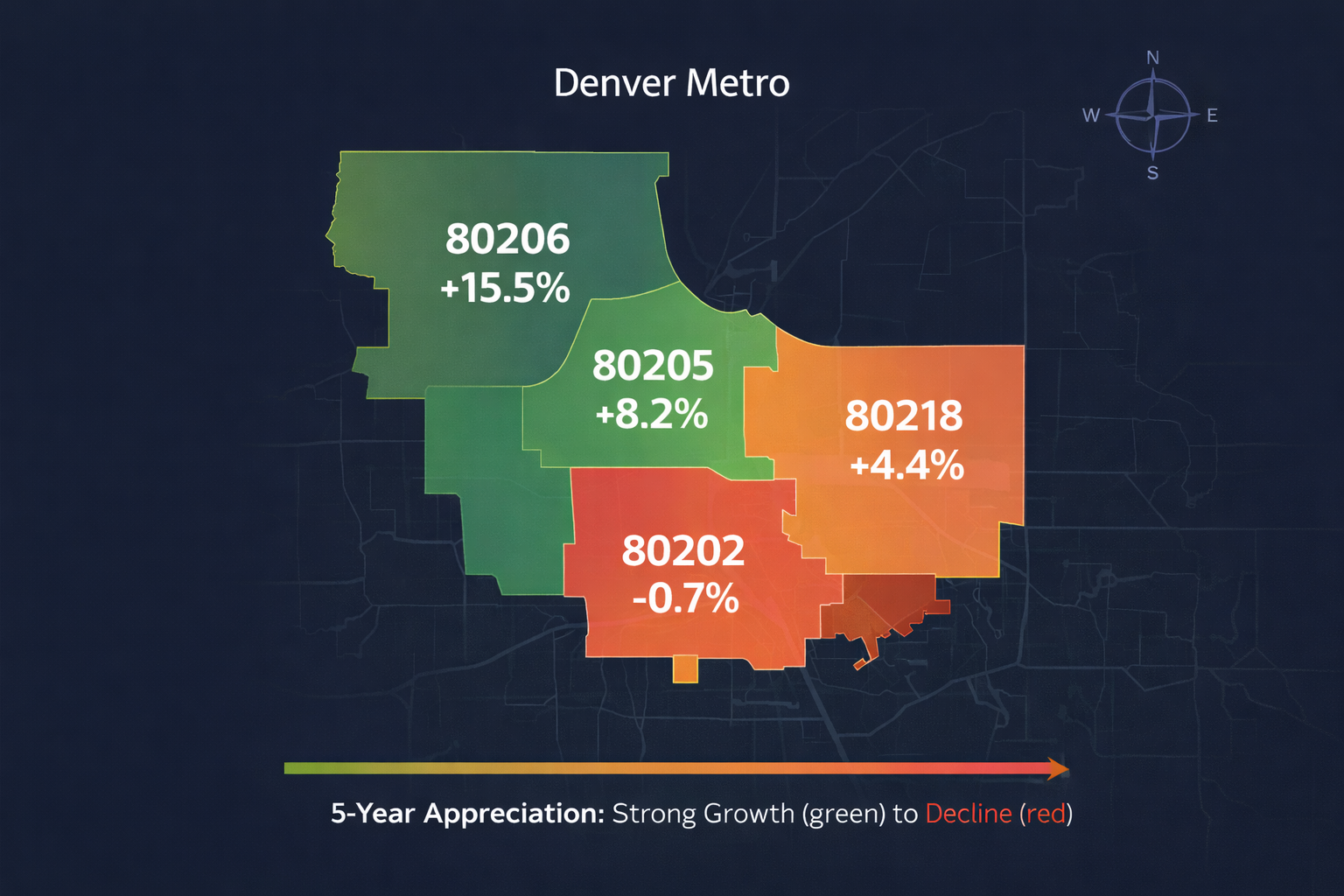 Denver Metro map showing four ZIP codes with different appreciation rates
