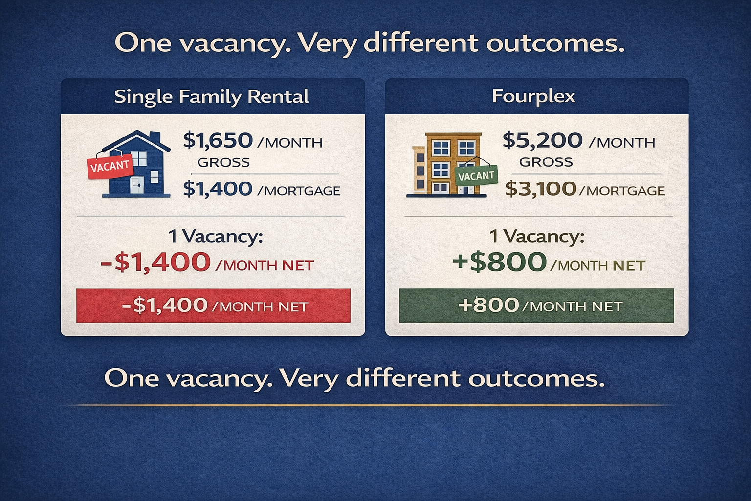 Comparison showing the impact of one vacancy on a single family rental versus a fourplex