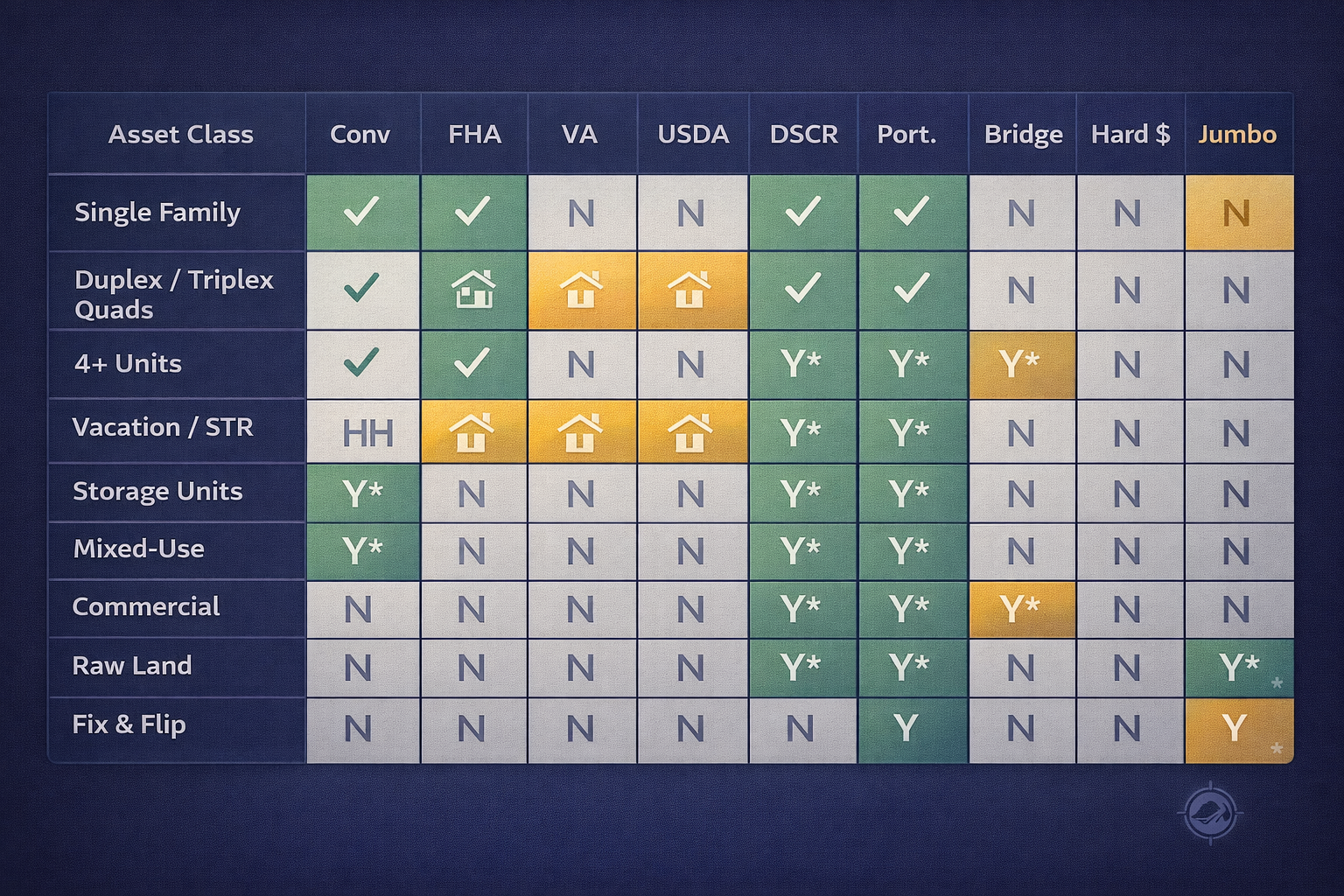 Decision matrix mapping 14 real estate asset classes to 10 loan types