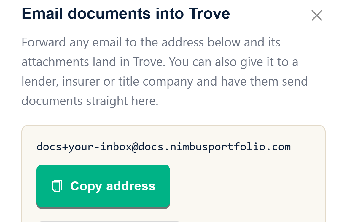 The Email in panel on a phone, showing a personal forwarding address for sending documents into Trove and a button to copy it.