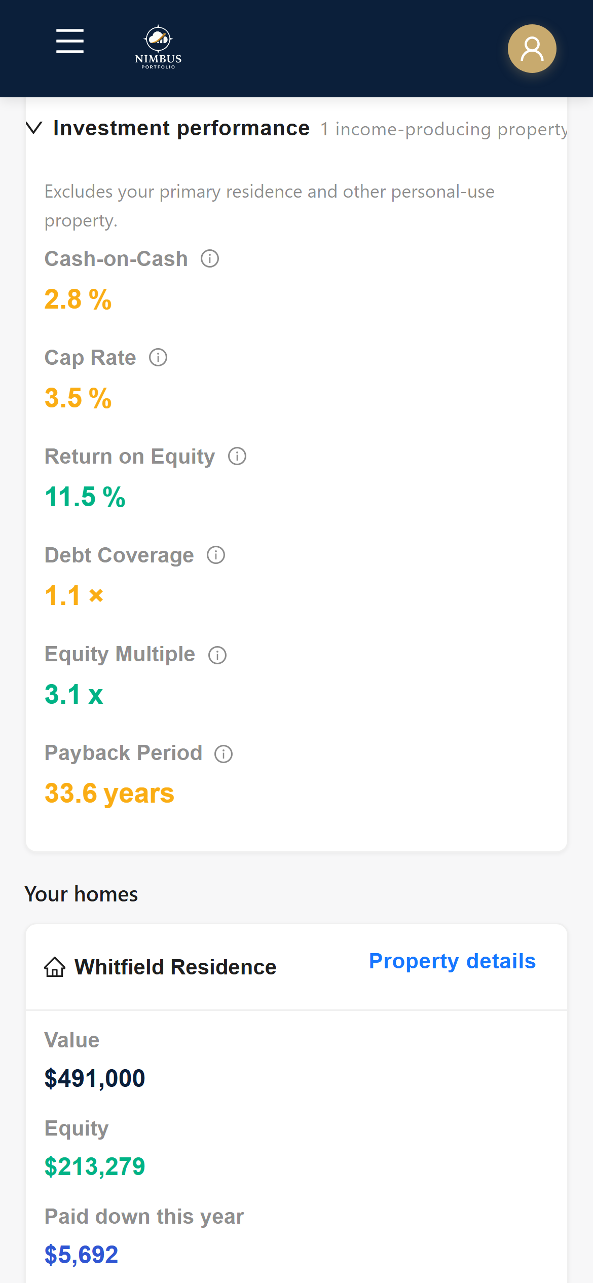 The dashboard on a phone with a home in its own strip, separate from the investment metrics below.
