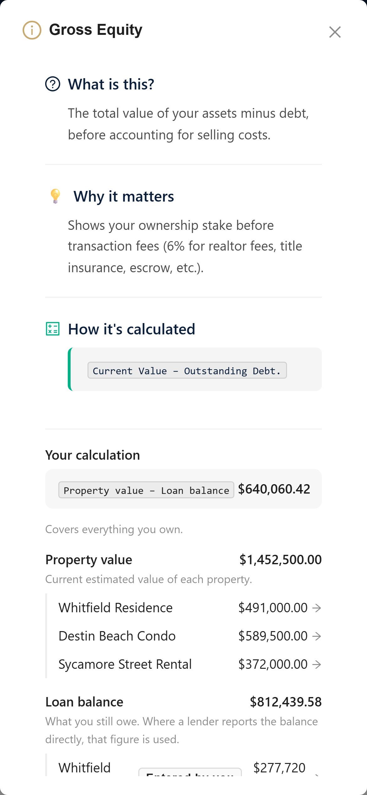 A metric breakdown open on a phone, showing the formula, the values used, and where each value came from.