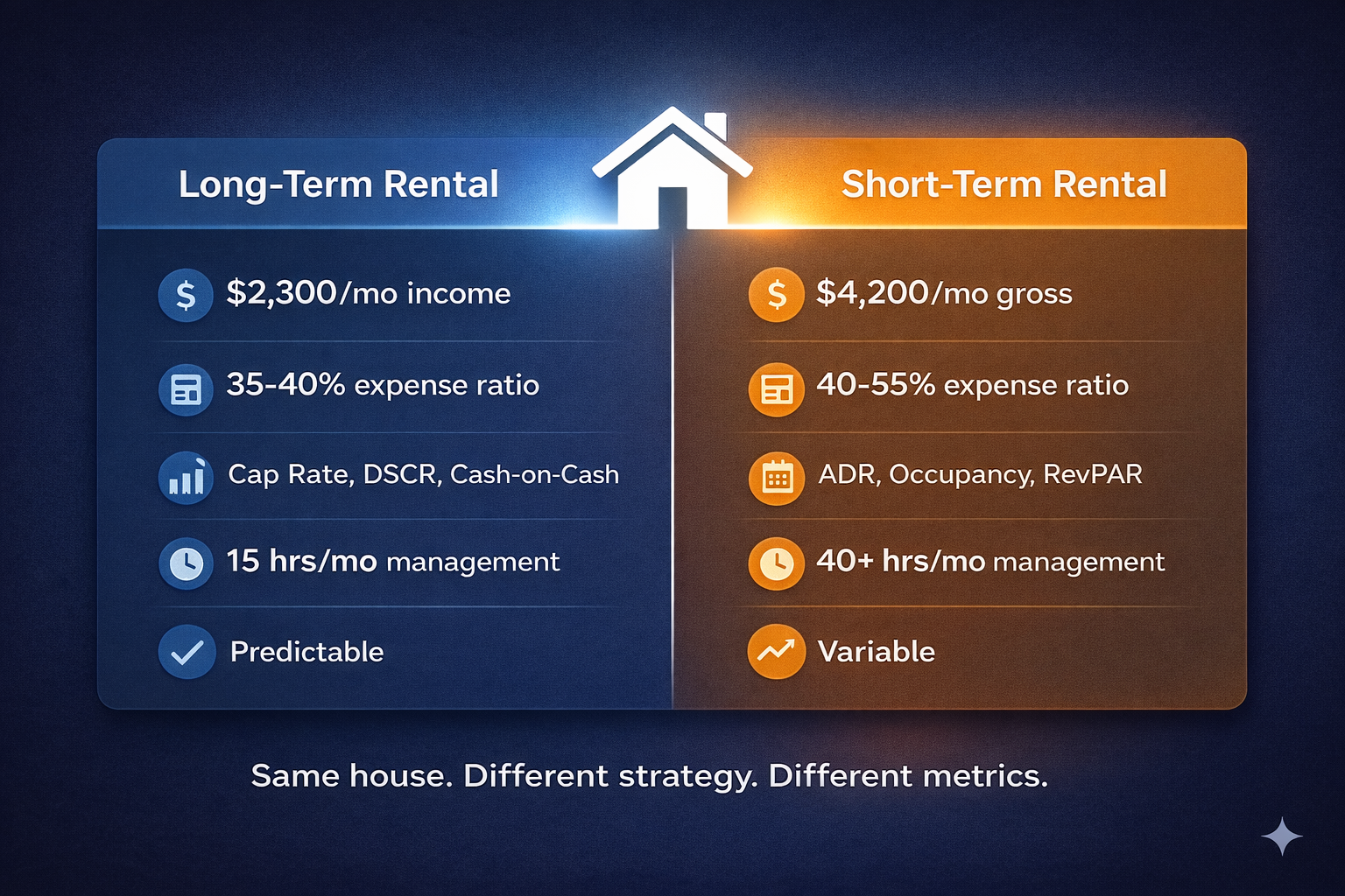 Side-by-side comparison of long-term rental versus short-term rental strategies for the same single family home