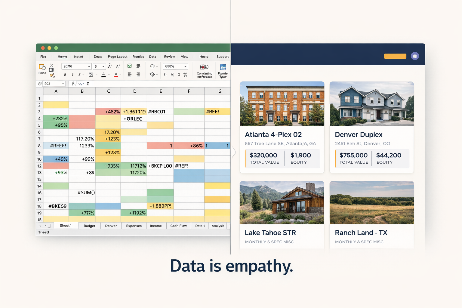 Split screen comparison showing chaotic Excel spreadsheet on left versus clean Nimbus Portfolio dashboard on right, with text 'Data is empathy'