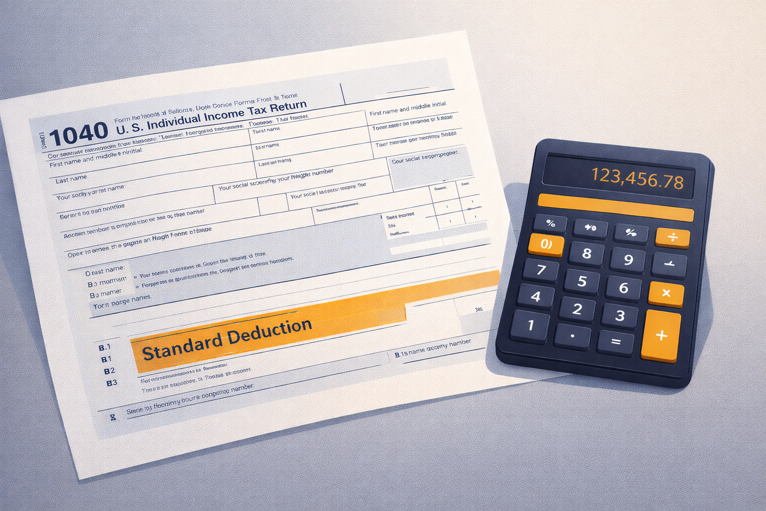Tax form 1040 with calculator showing Standard Deduction