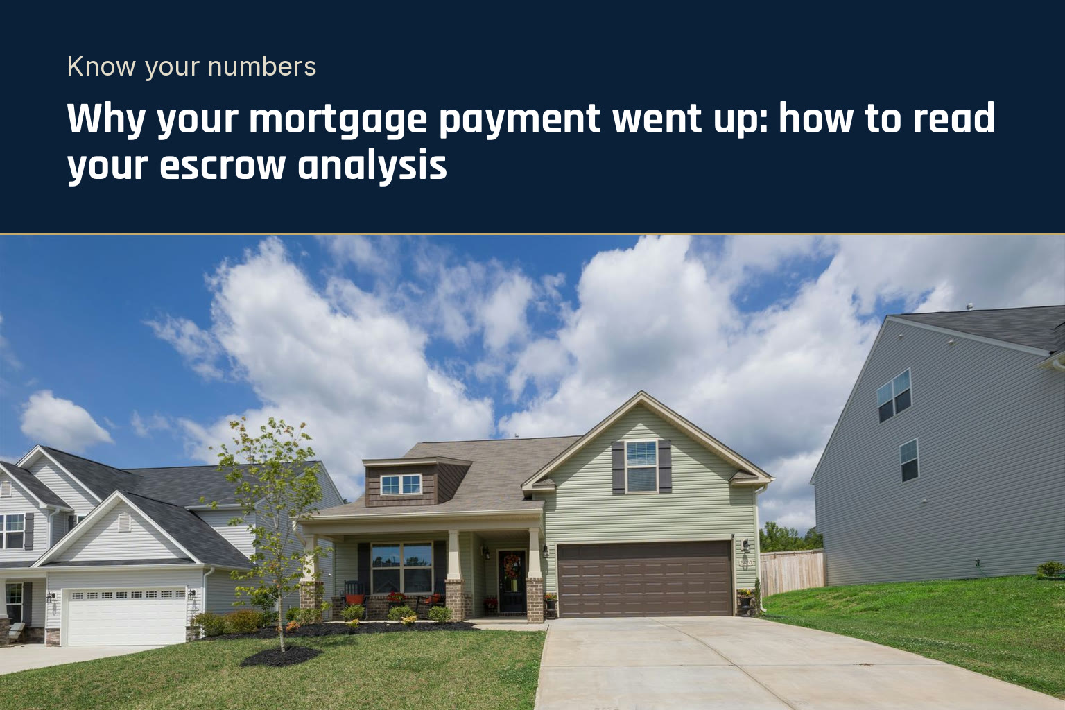 A suburban house with a driveway under a blue sky, below the post's headline