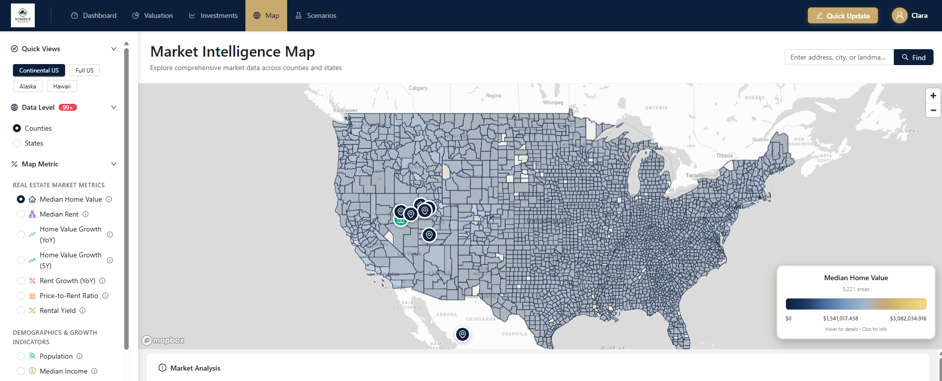 Interactive market intelligence map showing portfolio assets across multiple states with market data